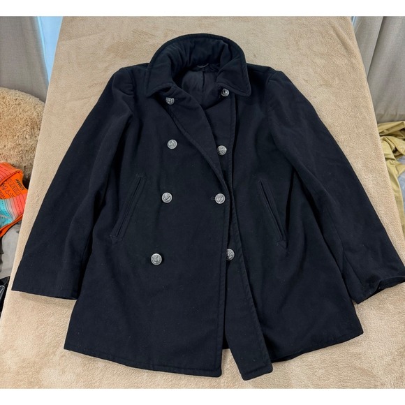 Vintage US Navy Double Breasted Pea Coat Mens 38R Black Wool Overcoat Vi-Mil
